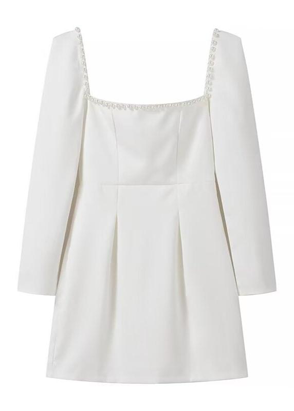 Square Neck Mini Dress With Pearl Trim