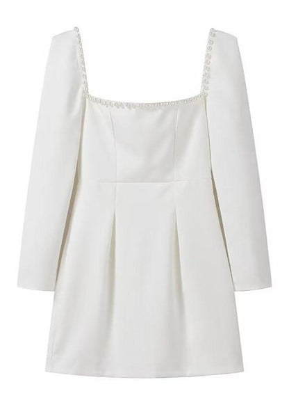 Square Neck Mini Dress With Pearl Trim