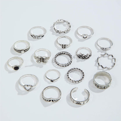 Vintage Geometric Ring Set With Black Stone