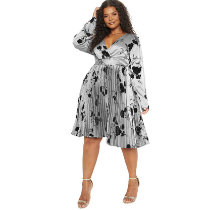 Floral Print Pleated Dress With Deep V Neck For Elegant Casual Style