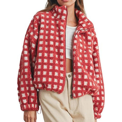 Color Block Plaid Stand Collar Shearling Jacket