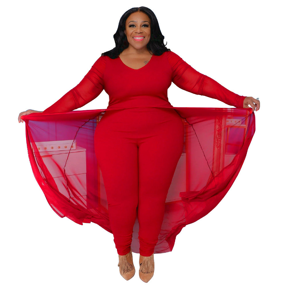 New Plus Size Women'S Long Sleeve Pocket Jumpsuit