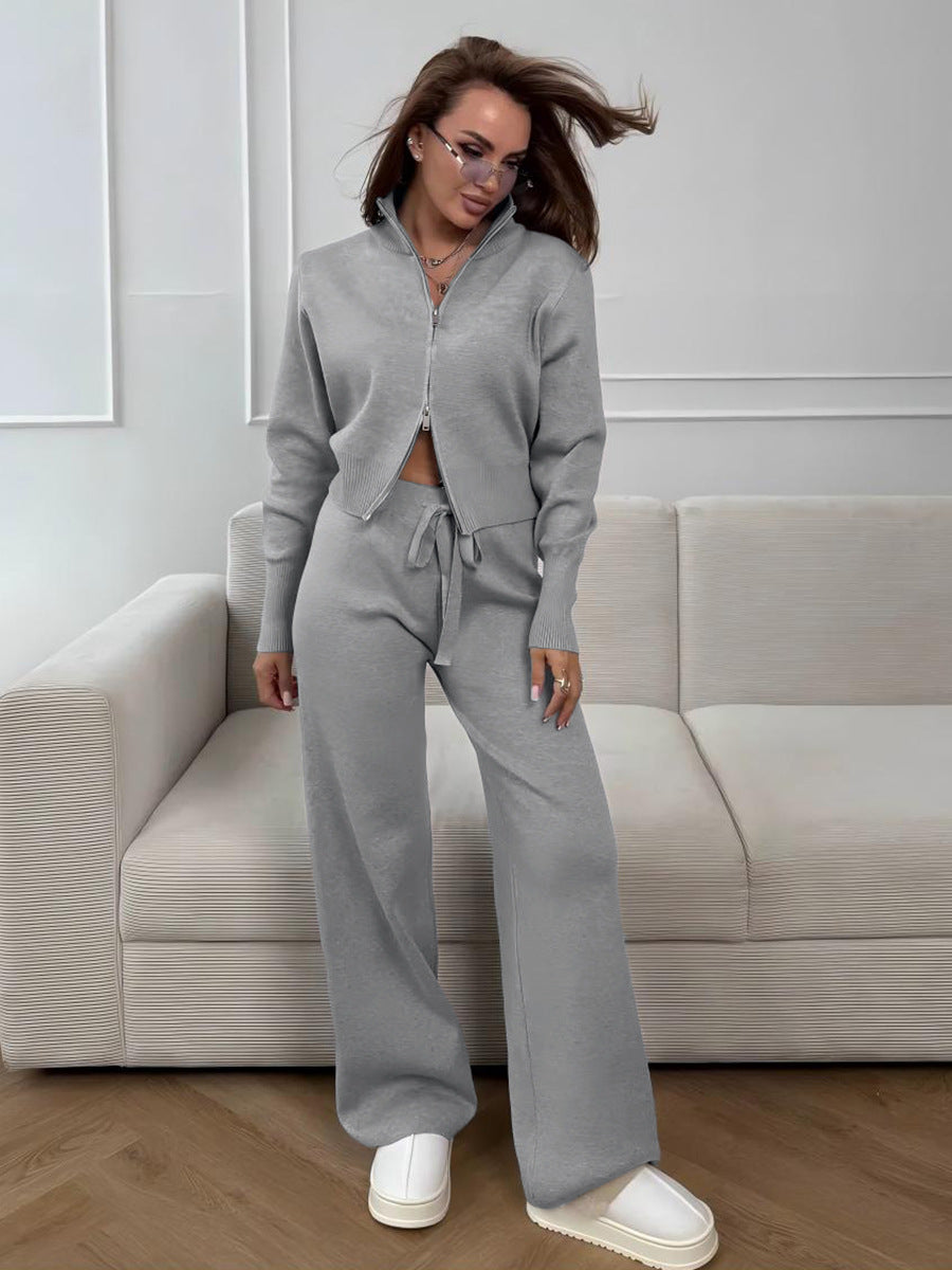 Chic Knitted Zipper Cardigan and Pants Set