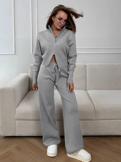 Chic Knitted Zipper Cardigan and Pants Set