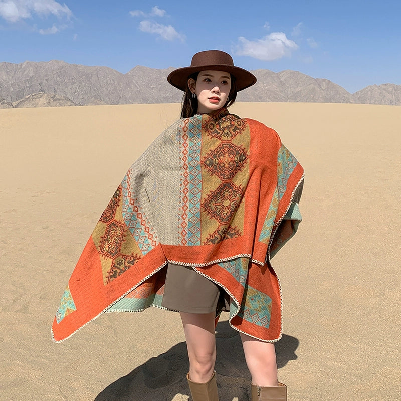 Tibetan Great Retro Totem Red Warm Outer Shawl Women'S Scarf Autumn And Winter Cloak Big Cloak