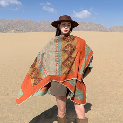 Tibetan Great Retro Totem Red Warm Outer Shawl Women'S Scarf Autumn And Winter Cloak Big Cloak