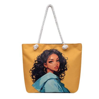 Trendy Cartoon Print Shoulder Tote Bag Durable Oxford Cloth Bag