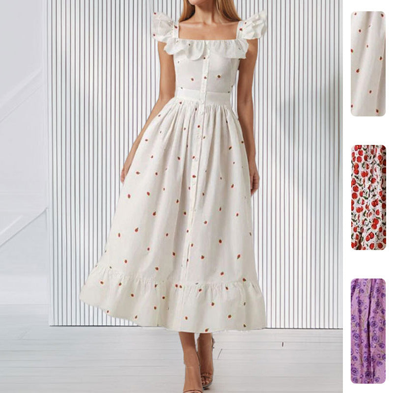 French Floral High-Waisted A-Line Dress with Flutter Sleeves