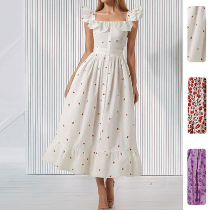 French Floral High-Waisted A-Line Dress with Flutter Sleeves
