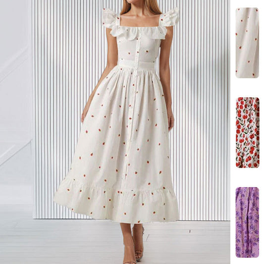 French Floral High-Waisted A-Line Dress with Flutter Sleeves