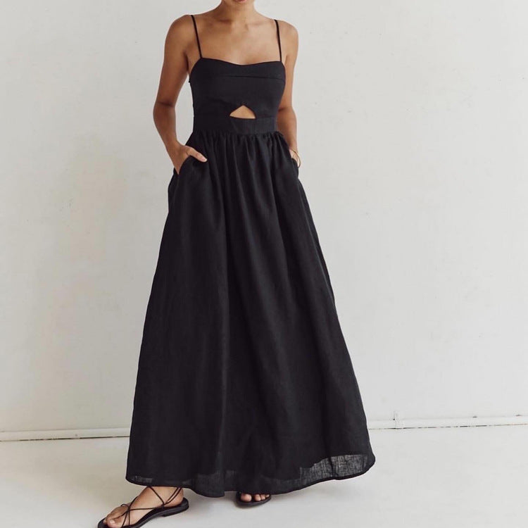 Black Breathable High-Waisted Midi Dress Elegant Casual