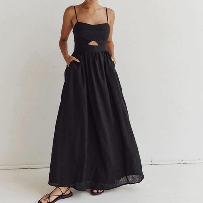 Black Breathable High-Waisted Midi Dress Elegant Casual