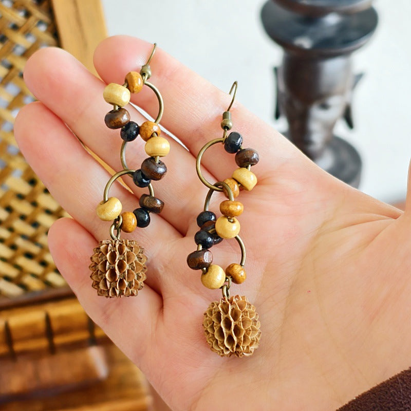 Botanical Pattern Wooden Bead Dangle Earrings