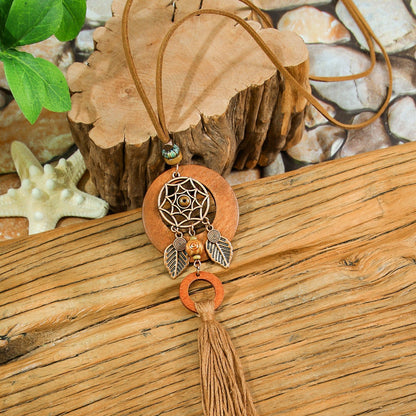 Bohemian Dreamcatcher Tassel Earrings and Wooden Necklace Set