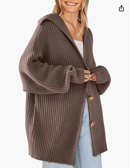 New Women'S Solid Color Lapel Pocket Knitted Cardigan Button Long Coat In Autumn And Winter