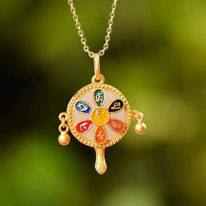 Ancient Gold Enamel Color Burned Blue And White Jade Six Characters Mantra Blessing Pendant Court Retro Women'S Accessories