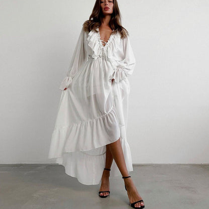 V Neck Ruffled Sleeve Asymmetrical White Chiffon Maxi Dress