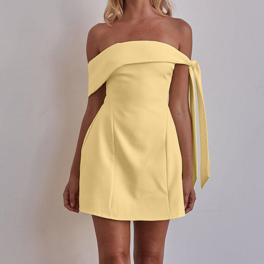 Off-Shoulder Short Mini Dress Trendy Yellow A-Line Dress