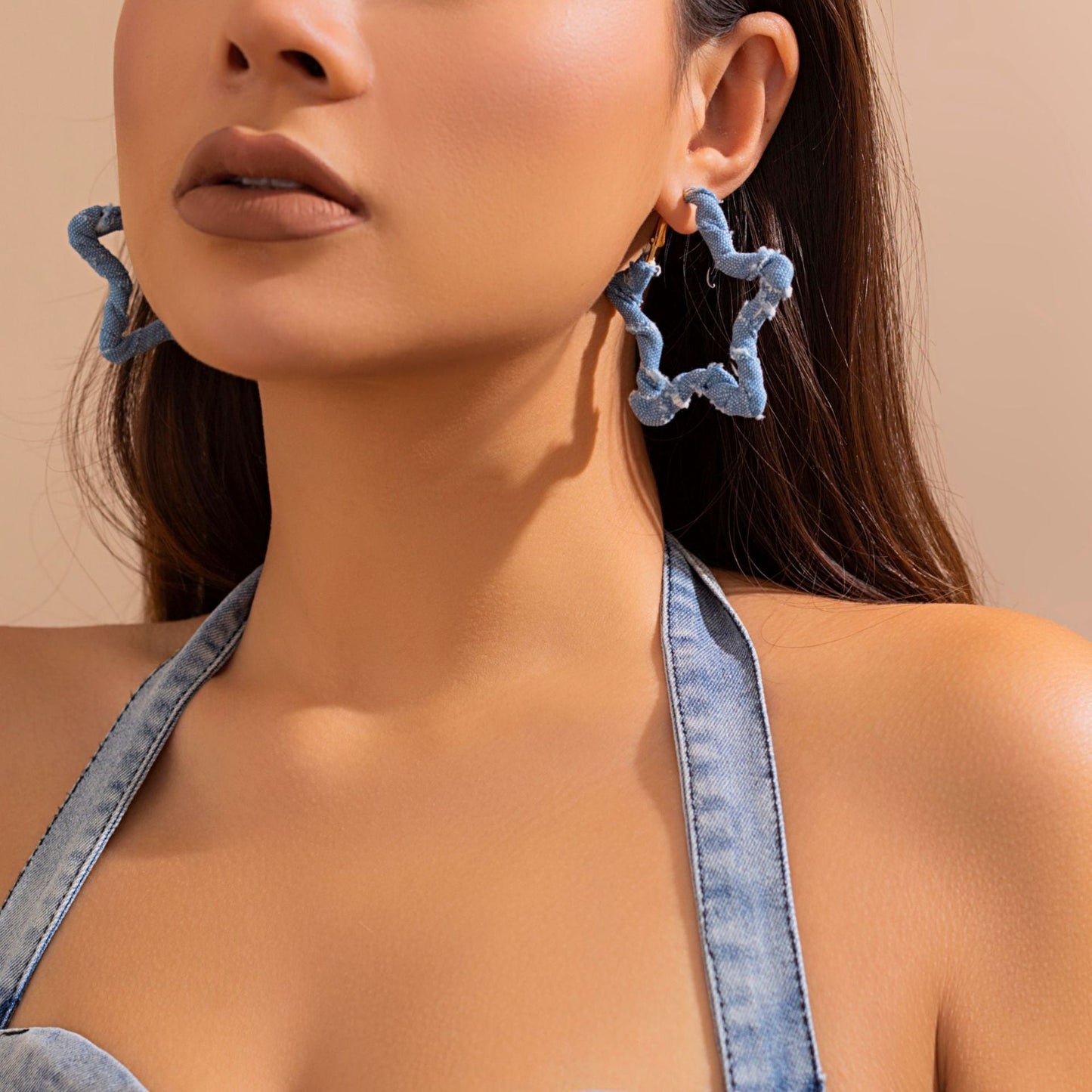 Vintage Statement Denim Print Hoop Earrings For Women