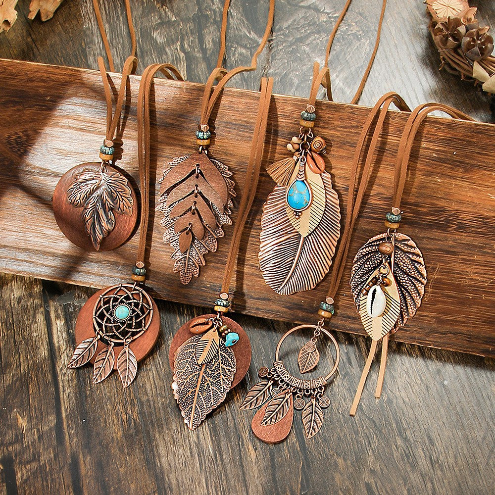 Trendy Bohemian Leaf Pendant Necklace Zinc Alloy