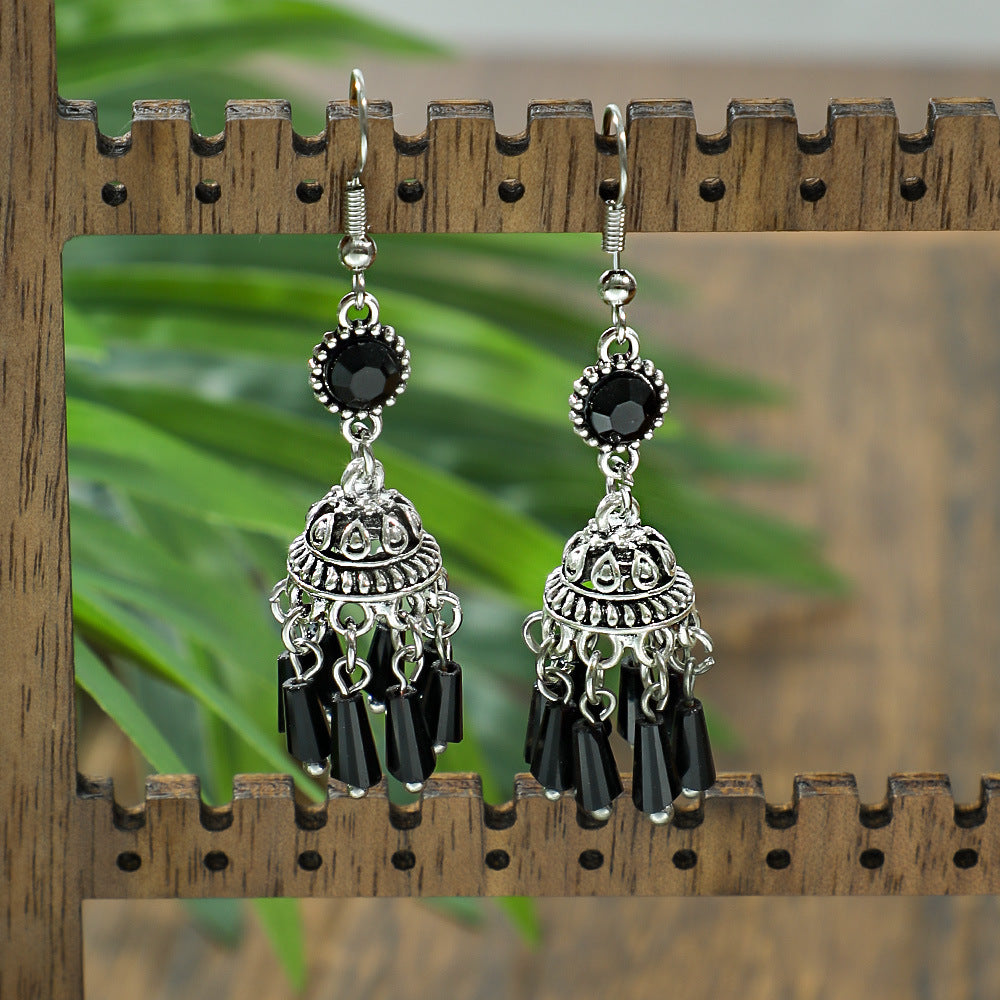 Black Crystal Tassel Lantern Earrings Vintage Inspired Fashion Jewelry