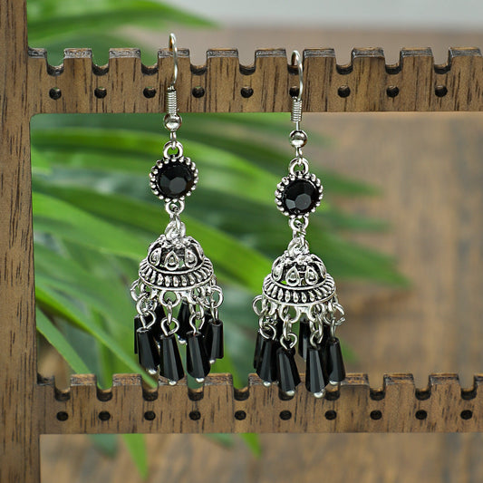 Black Crystal Tassel Lantern Earrings Vintage Inspired Fashion Jewelry