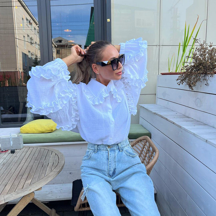 Casual White Cotton Lantern Sleeve Shirt