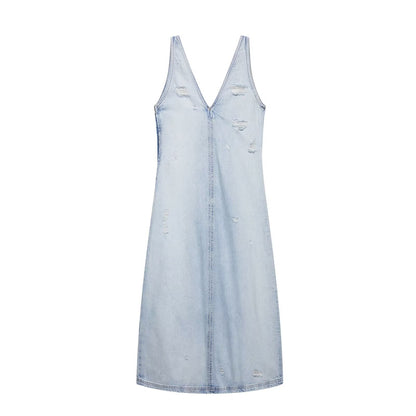 Ripped Washed Sleeveless V-Neck Denim Midi Dresses