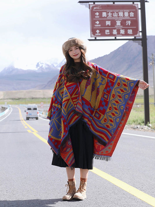 Autumn And Winter Ethnic Bohemian Warm Big Shawl Hooded Cape Scarf
