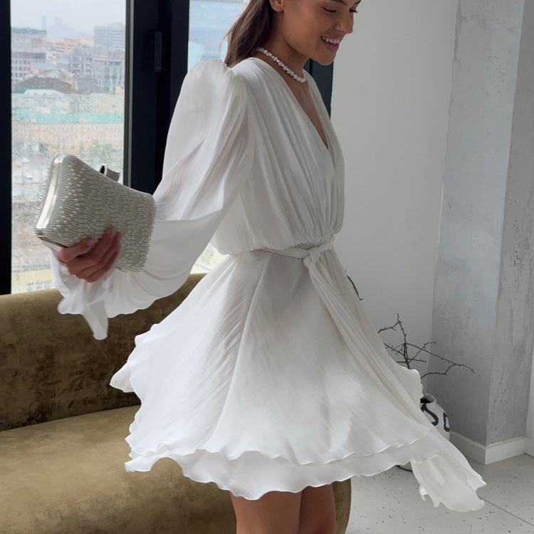 Elegant French Style A-Line Dress With V-Neck And Puff Sleeves