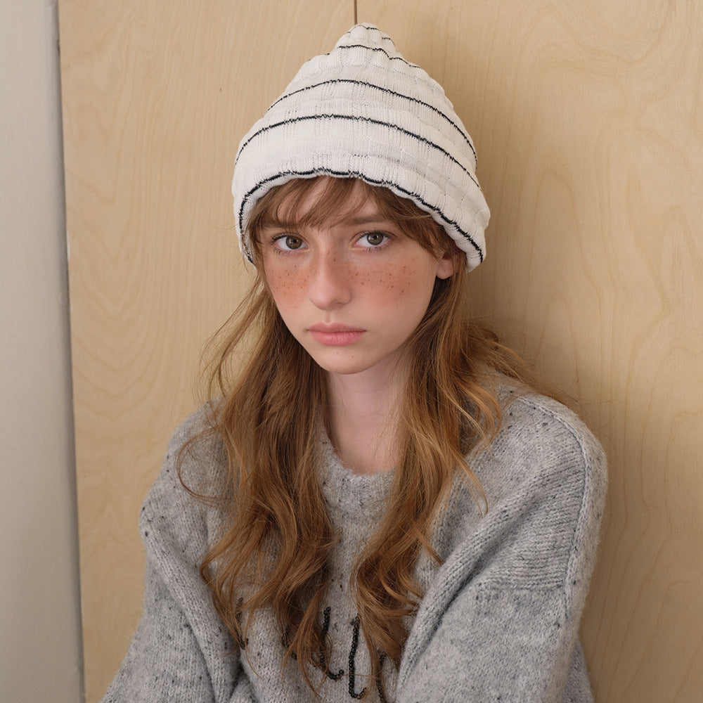 Striped Knit Beanie Hat Soft Wool Blend Casual Winter Hat
