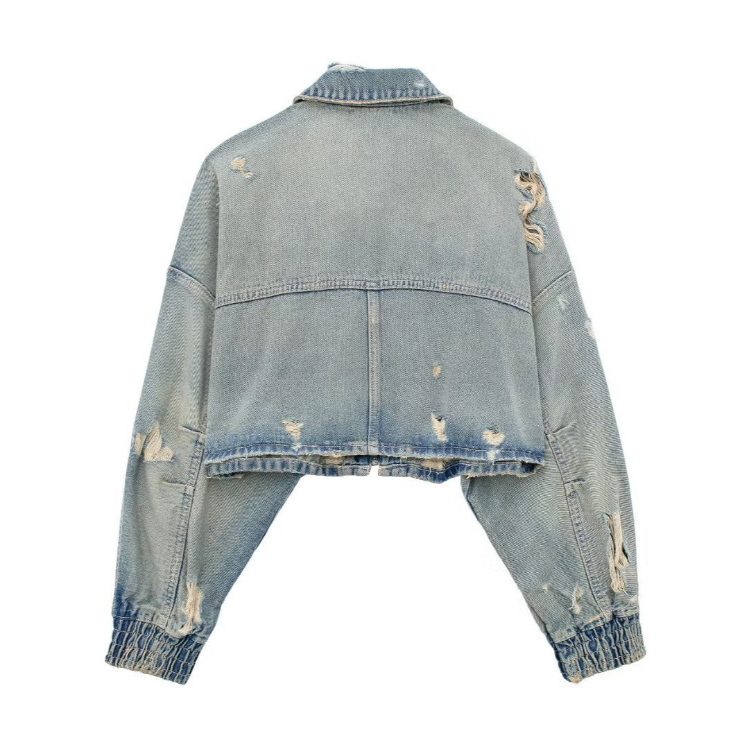 Simple Ripped Zip Up Cropped Jacket