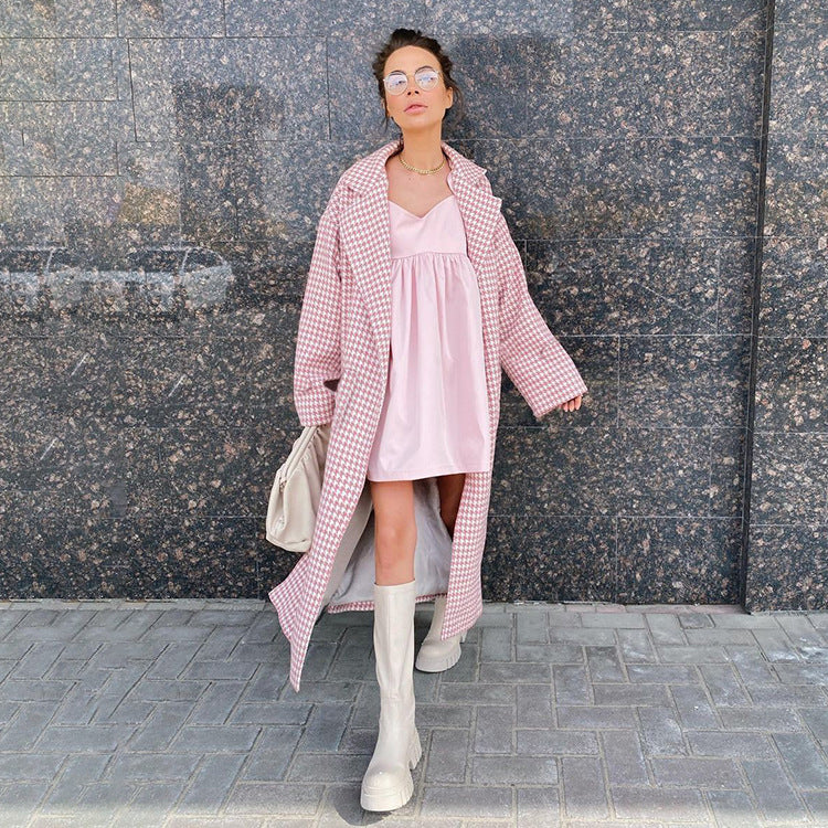 Checkered Long Trench Coat Stylish High-End Outerwear