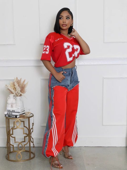 Trendy Color-Block Striped Vintage Denim Pants