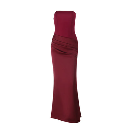 Burgundy Bodycon Dress with Backless Design and Satin Details