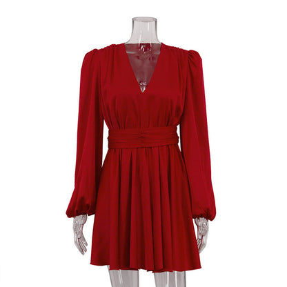 French Pleated Dress With Puff Sleeves and V-Neck