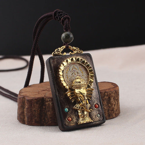 Vintage Nepal Thangka God Of Wealth Buddha Elephant God Ebony Pendant Necklace Exotic Sweater Chain