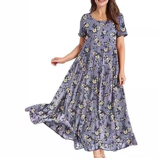Summer Beach Medium And Long Dress Comfortable Pleated Dress Casual Loose Floral Dress