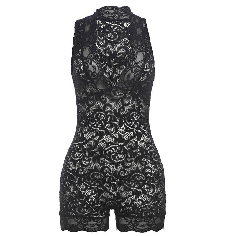 Sheer Lace Bodysuit With High Waist Shorts