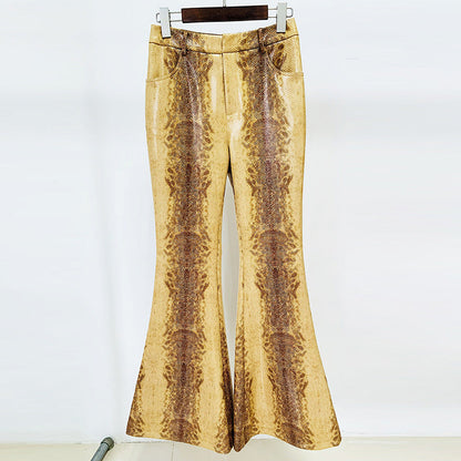 Snake Skin Pattern Faux Leather Jacket & Flared Pants Set