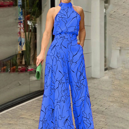 Trendy Floral Print Jumpsuit Stylish Casual High-Waisted Wide-Leg Pants