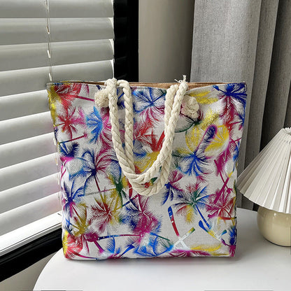 Large Capacity Linen Tote Bag with Dual-Sided Gold Foil Design