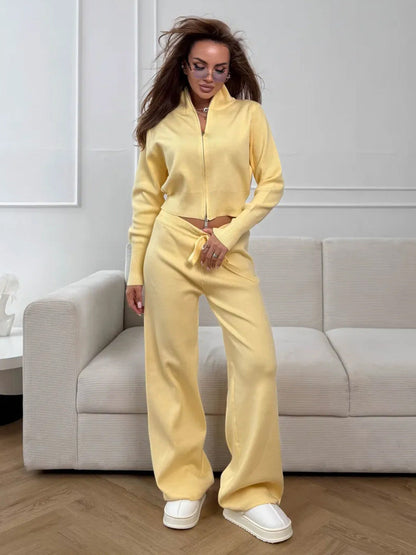 Chic Knitted Zipper Cardigan and Pants Set