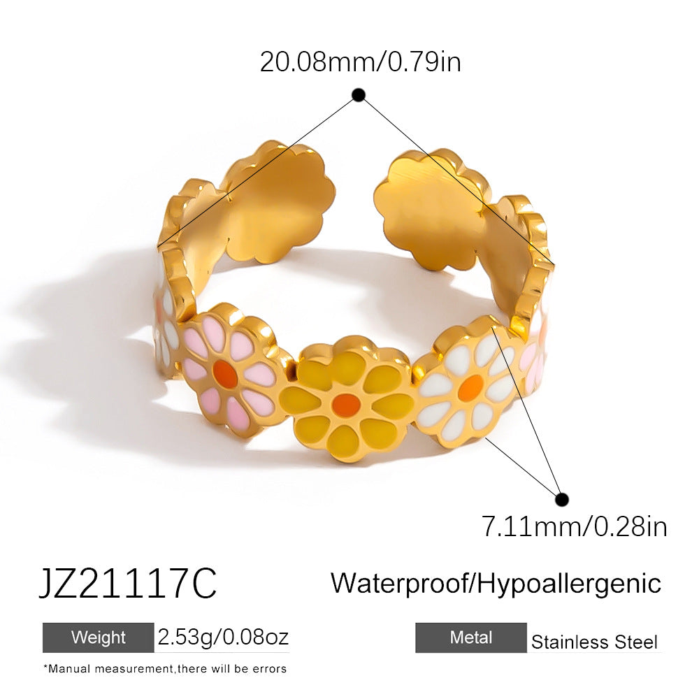 Colorful Floral Stainless Steel Ring Stylish Casual 18K Gold-Filled Women's Ring