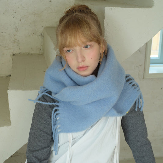 Fringe Thick Wool Blend Scarf in Icelandic Blue