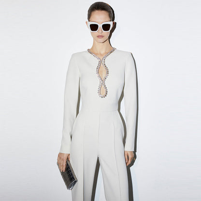 Heart Shaped Hollow Rhinestone Long Sleeve Jumpsuit Style