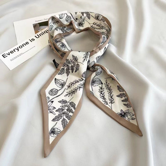 Print Narrow Long Satin Silk-Feel Scarf