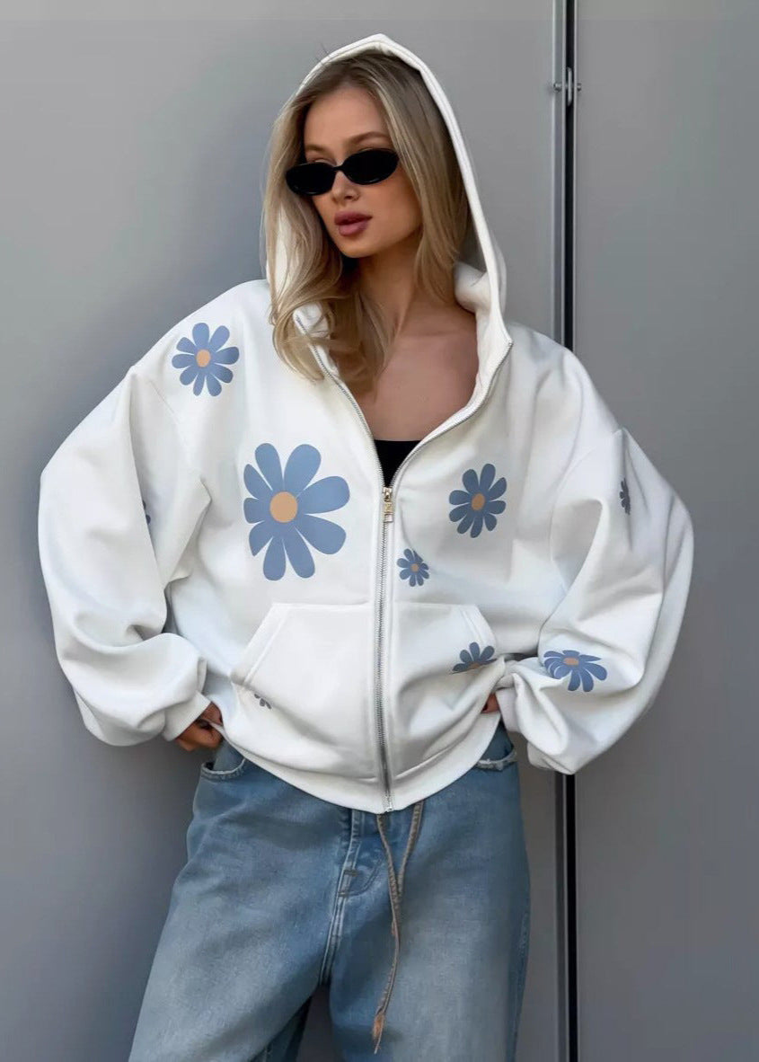 Oversized Hoodie With Floral Daisy Print