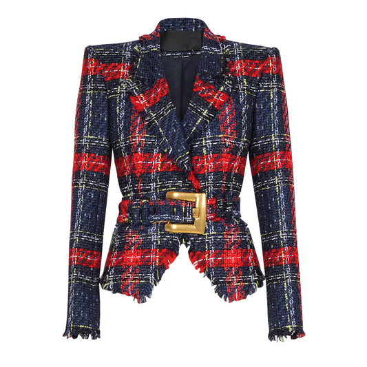 Trendy Checkered Tweed Blazer With Waist Tie