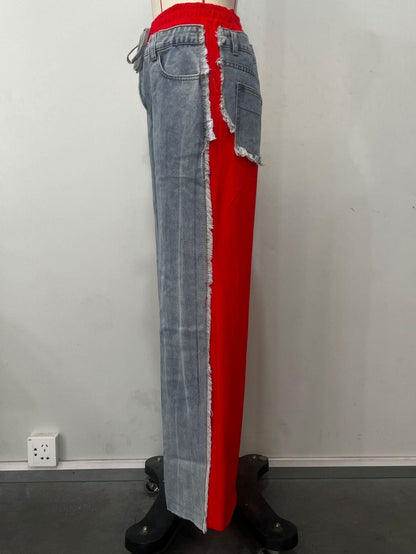 Fashion Splicing Drawstring Straight Leg Jeans